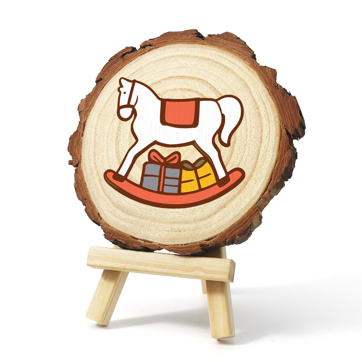 White Rocking Horse with Gifts paint by numbers wood slice – image 4