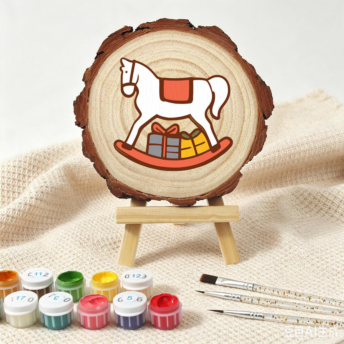 White Rocking Horse with Gifts paint by numbers wood slice – image 5