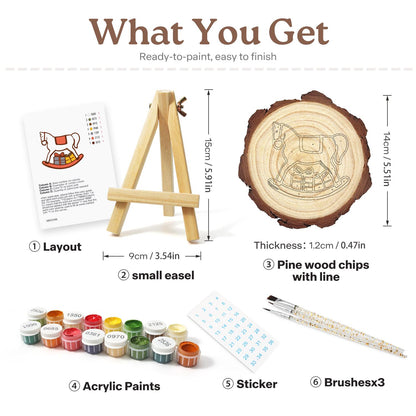 White Rocking Horse with Gifts paint by numbers wood slice – what's in the kit: the pine slice, easel, numbered paints, brushes and layout sheet