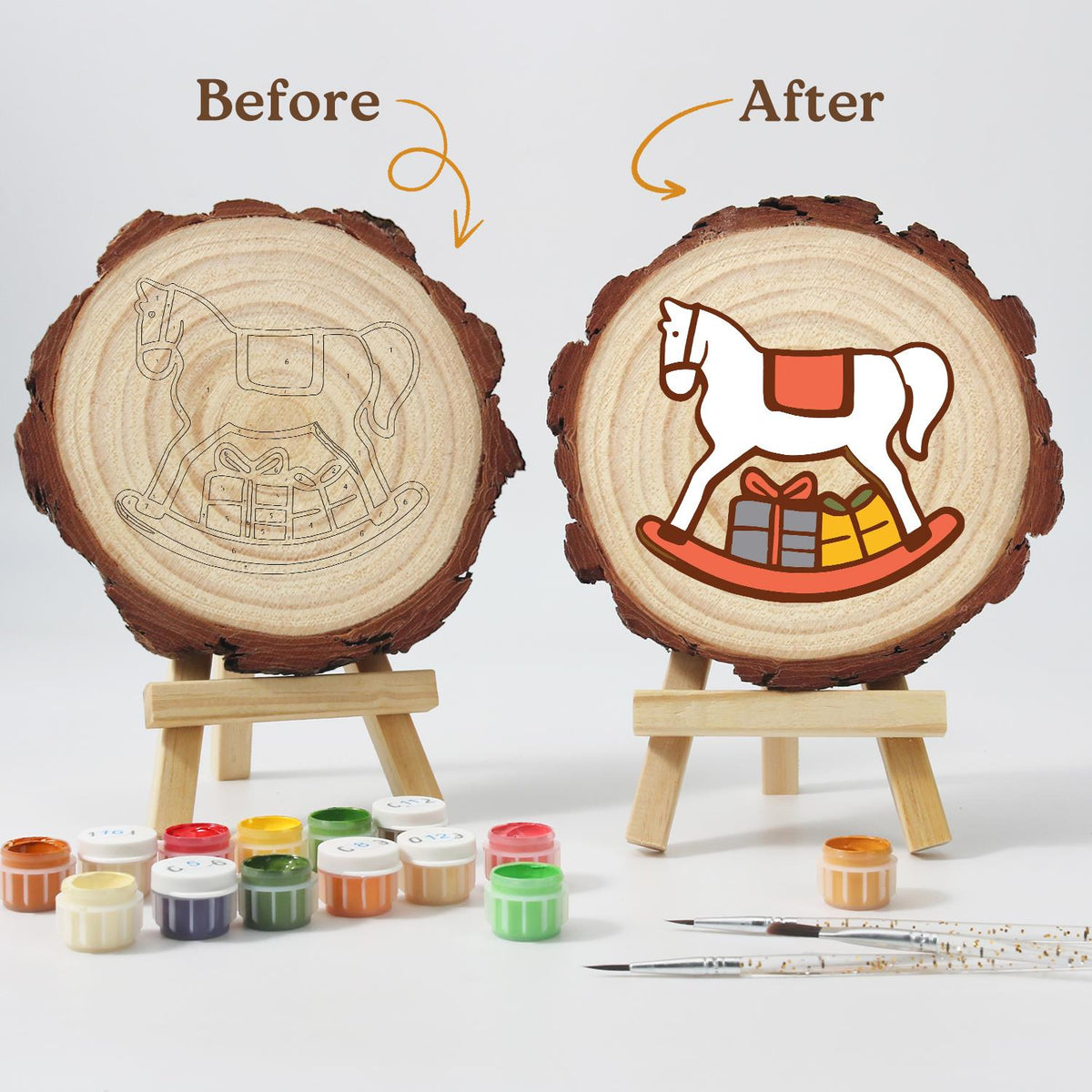 White Rocking Horse with Gifts paint by numbers wood slice – image 13