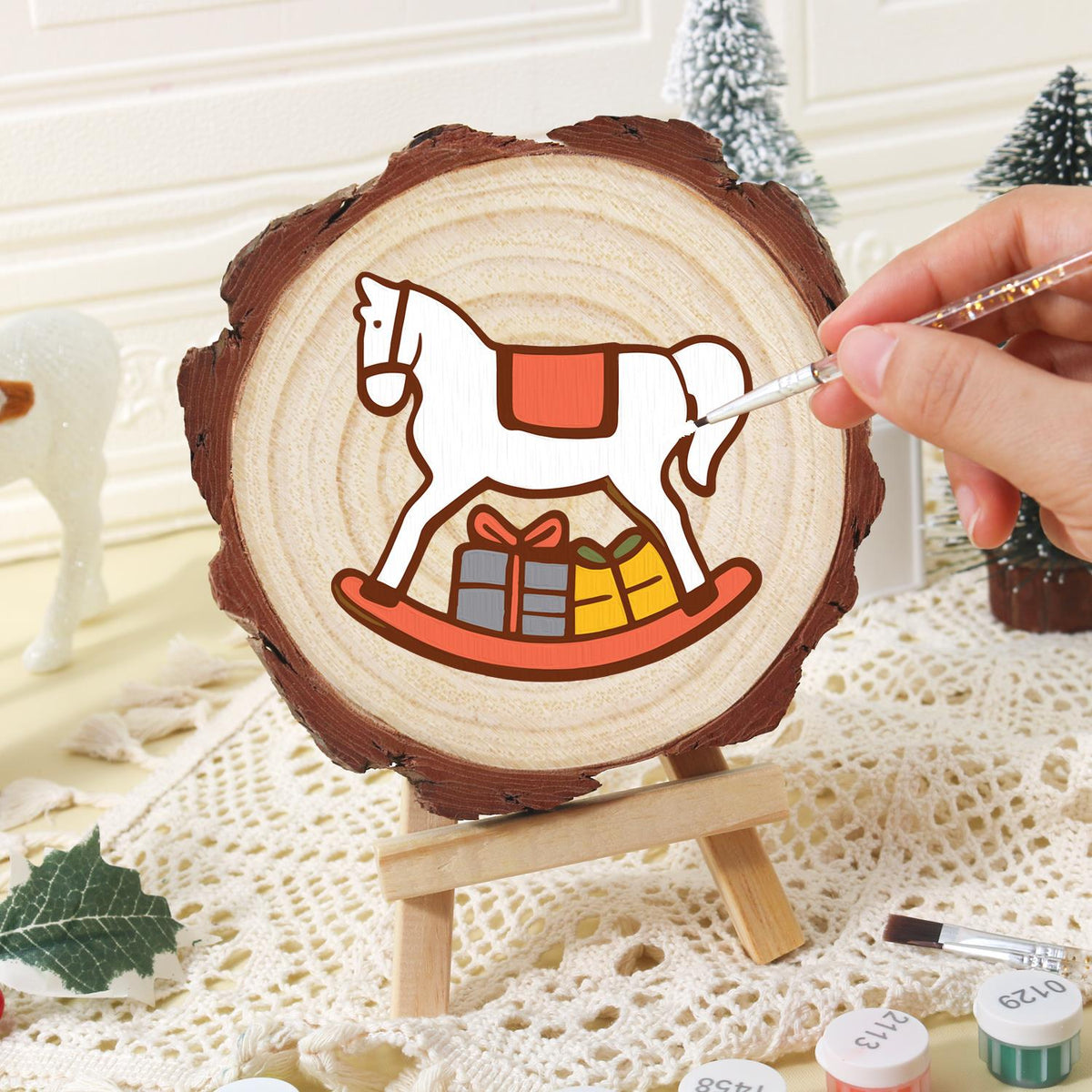 White Rocking Horse with Gifts paint by numbers wood slice – image 17