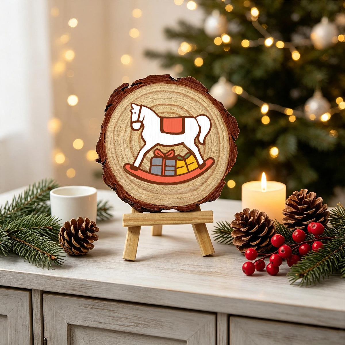 White Rocking Horse with Gifts paint by numbers wood slice – image 20