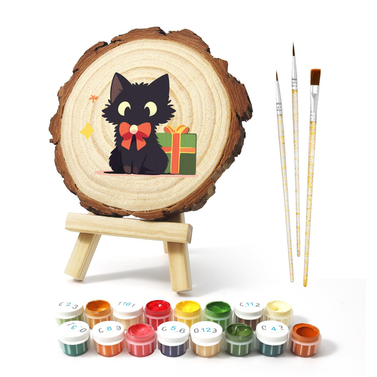 Black Cat with a Green Present paint by numbers wood slice – image 2