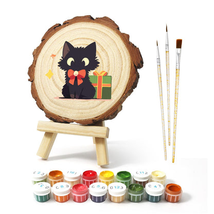Black Cat with a Green Present paint by numbers wood slice – image 2