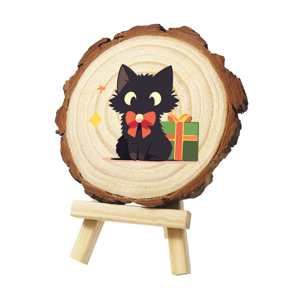 Black Cat with a Green Present paint by numbers wood slice – image 3