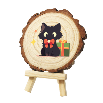 Black Cat with a Green Present paint by numbers wood slice – image 3