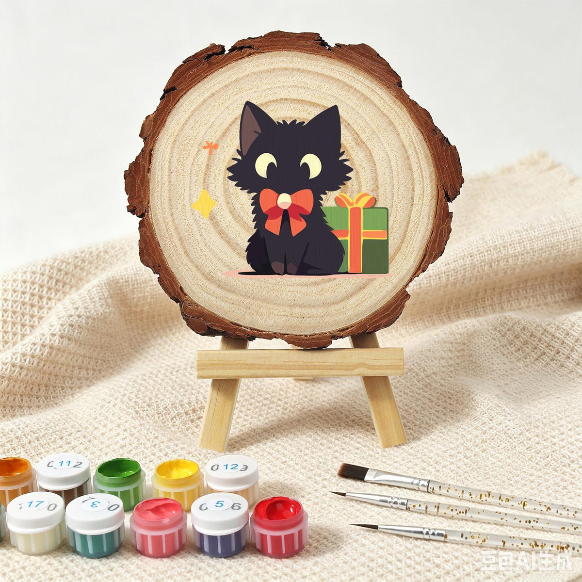 Black Cat with a Green Present paint by numbers wood slice – image 5