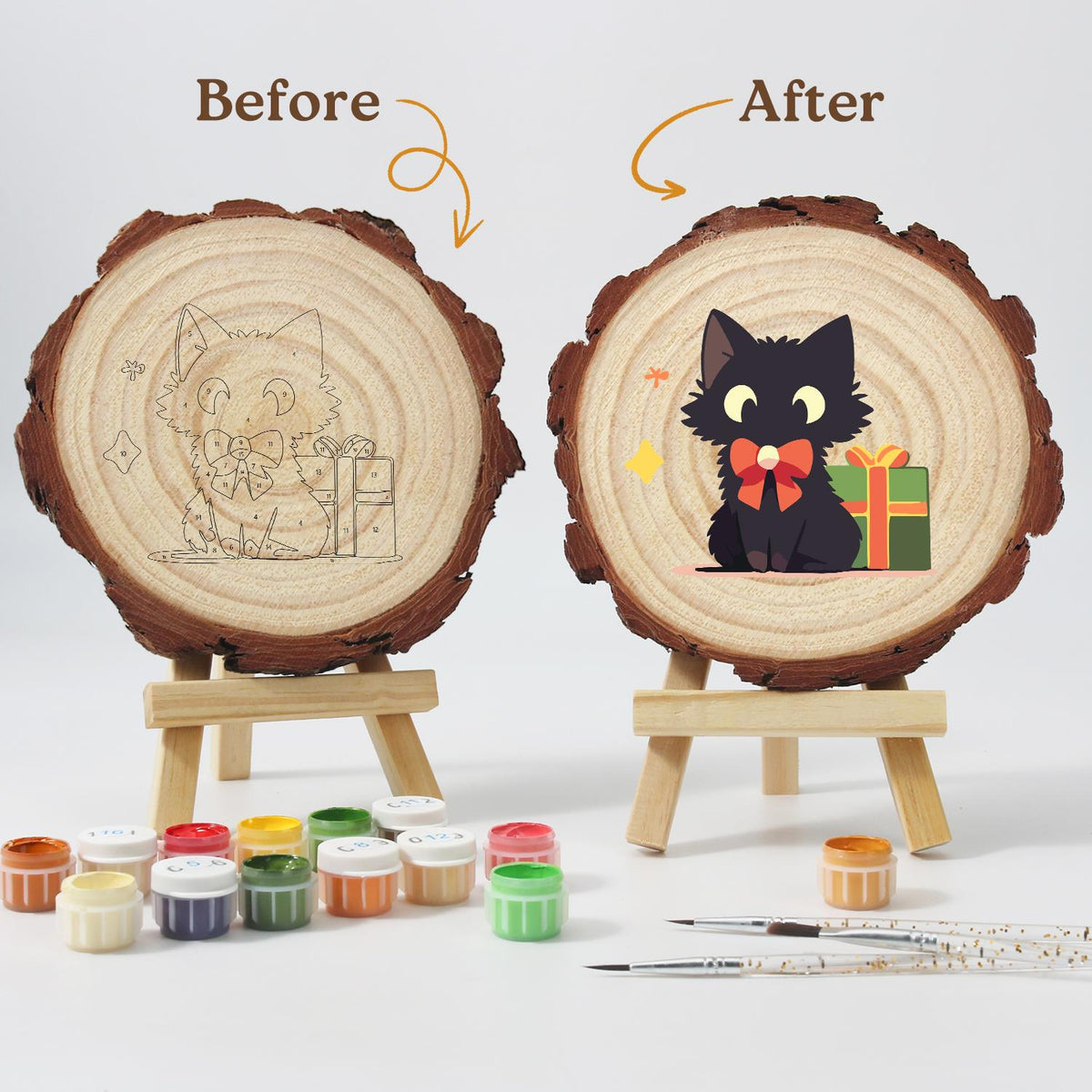 Black Cat with a Green Present paint by numbers wood slice – image 13