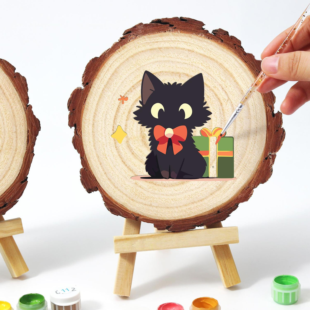 Black Cat with a Green Present paint by numbers wood slice – image 14