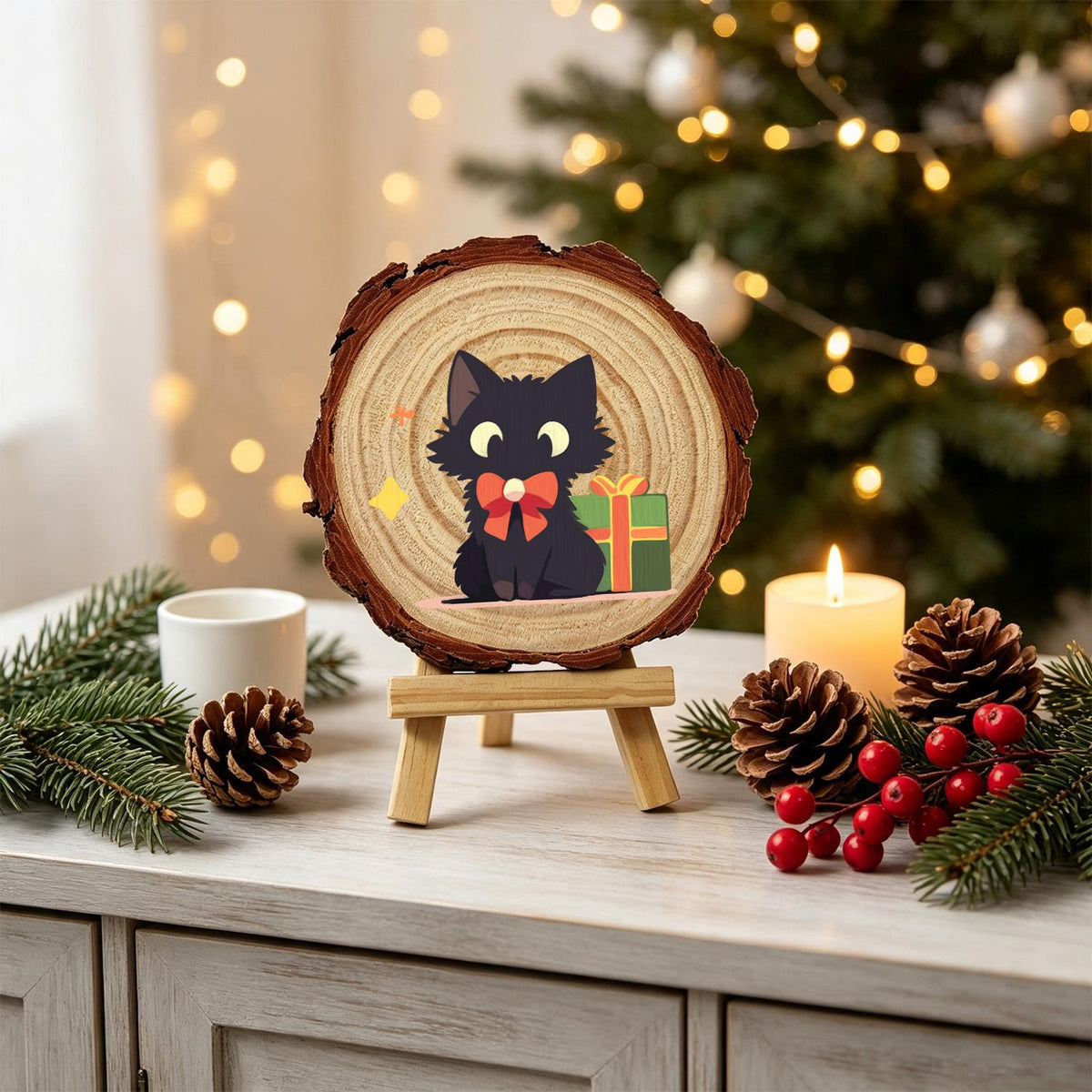 Black Cat with a Green Present paint by numbers wood slice – image 20