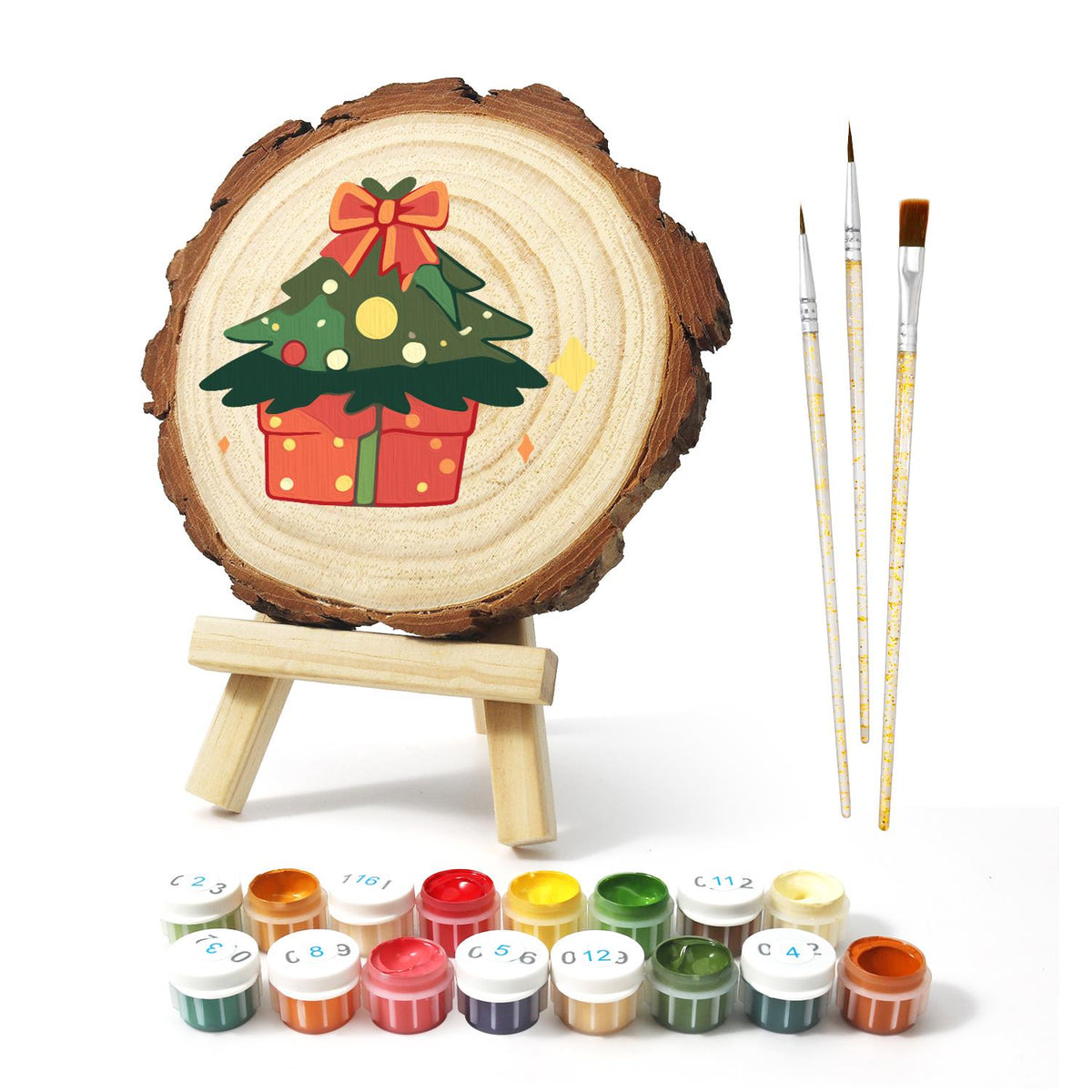 Bow-Topped Tree on a Gift Box paint by numbers wood slice – image 2