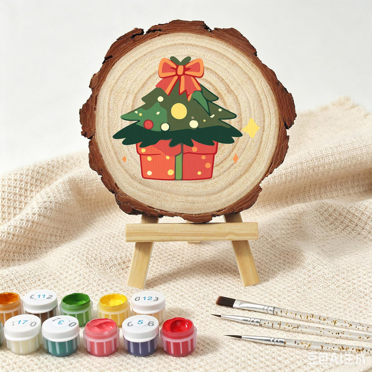 Bow-Topped Tree on a Gift Box paint by numbers wood slice – image 5