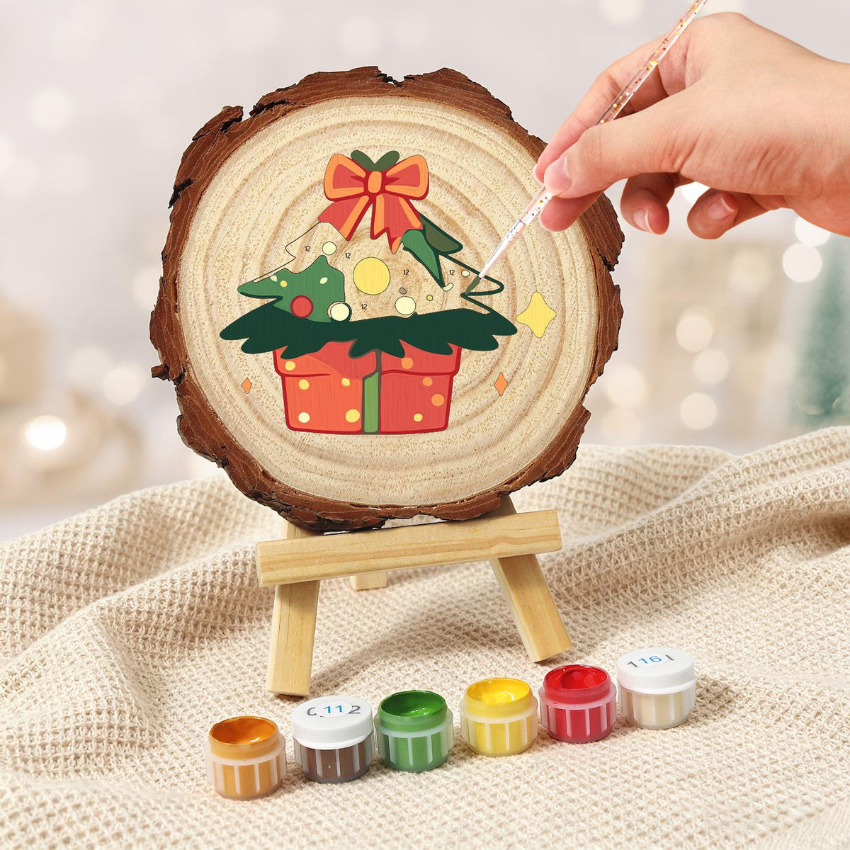 Bow-Topped Tree on a Gift Box paint by numbers wood slice – image 6