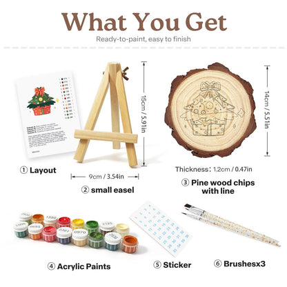 Bow-Topped Tree on a Gift Box paint by numbers wood slice – what's in the kit: the pine slice, easel, numbered paints, brushes and layout sheet