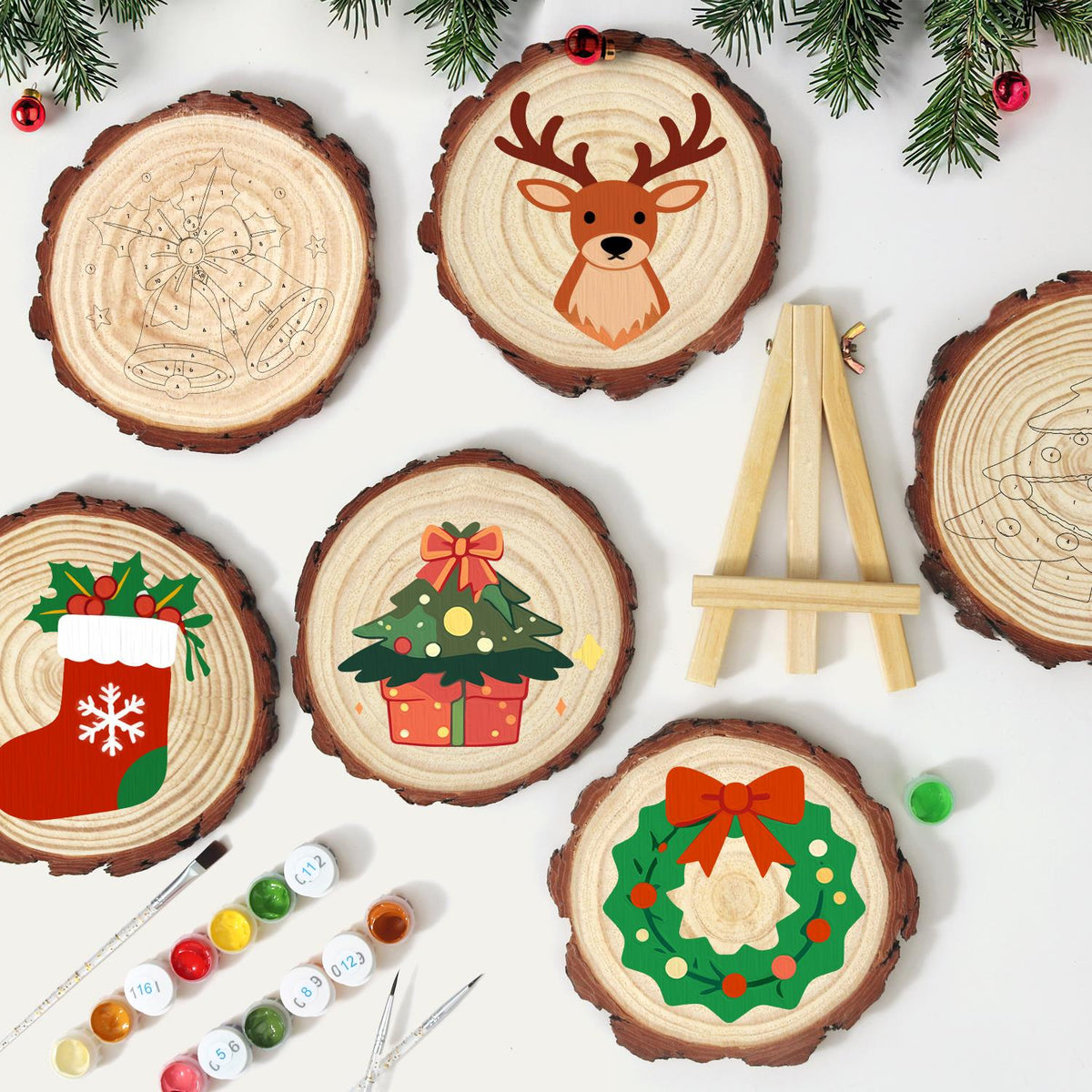 Bow-Topped Tree on a Gift Box paint by numbers wood slice – image 12