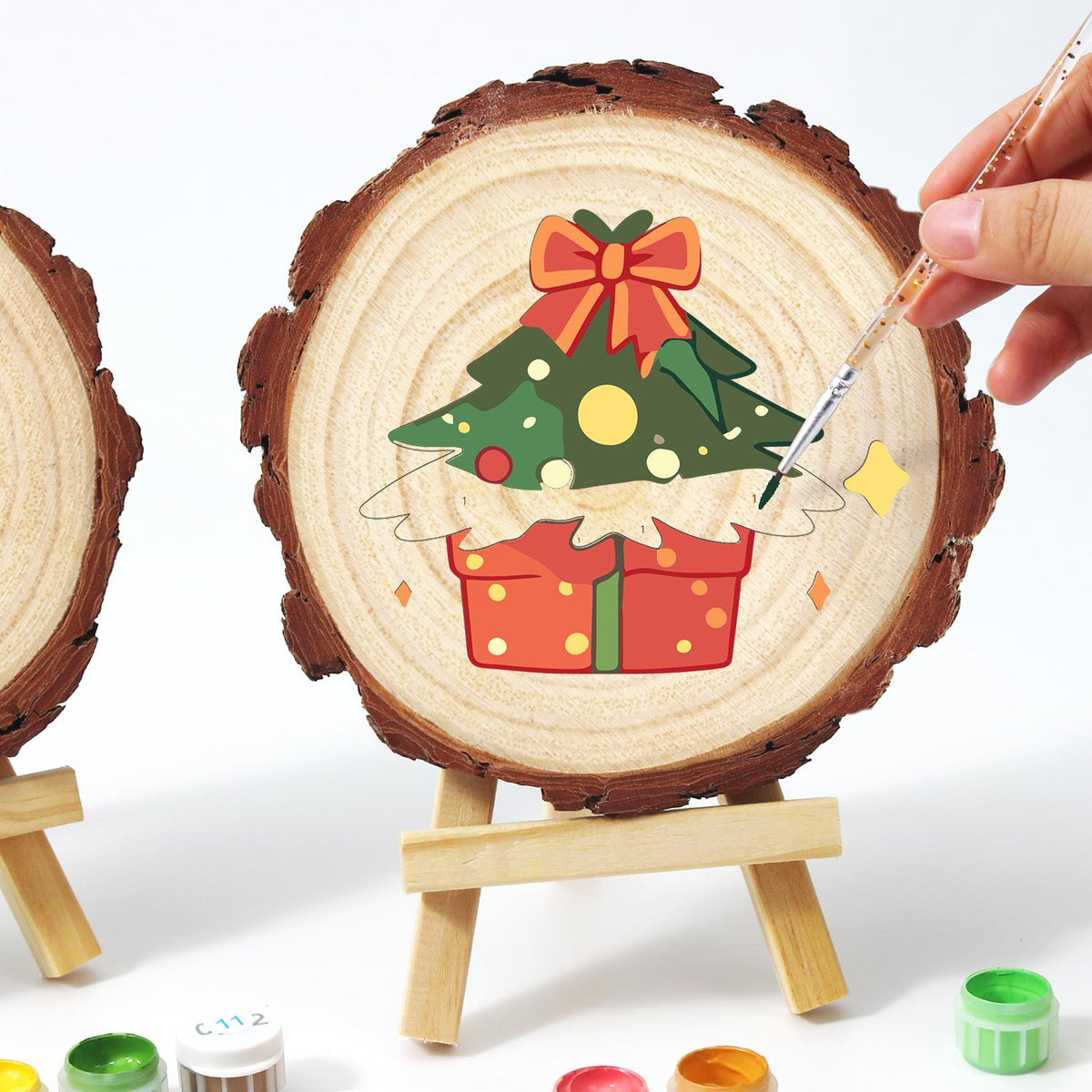 Bow-Topped Tree on a Gift Box paint by numbers wood slice – image 14