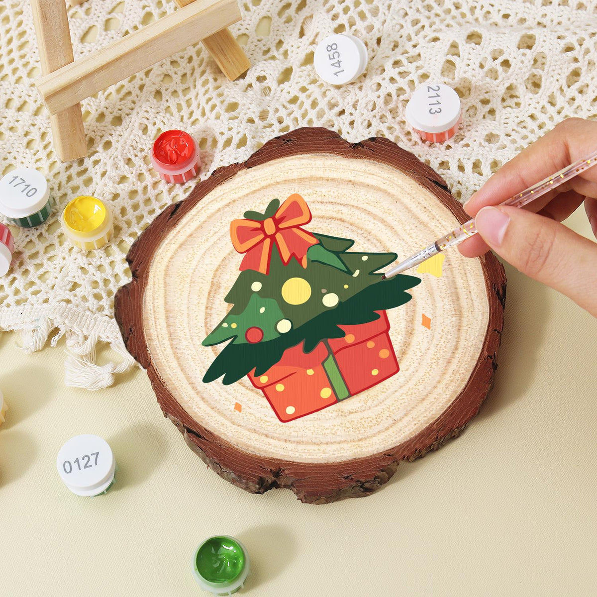 Bow-Topped Tree on a Gift Box paint by numbers wood slice – image 16