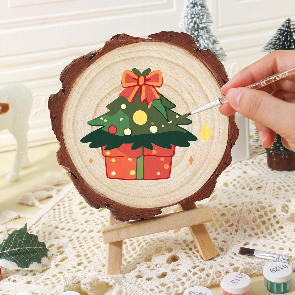 Bow-Topped Tree on a Gift Box paint by numbers wood slice – image 17