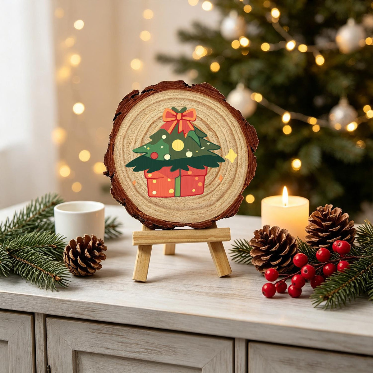 Bow-Topped Tree on a Gift Box paint by numbers wood slice – image 20