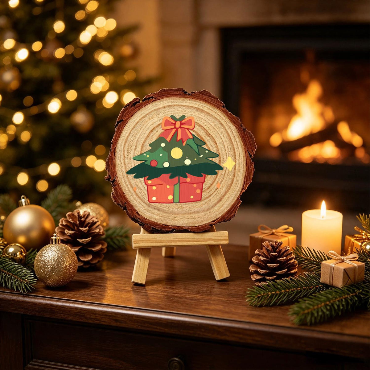 Bow-Topped Tree on a Gift Box paint by numbers wood slice – image 21
