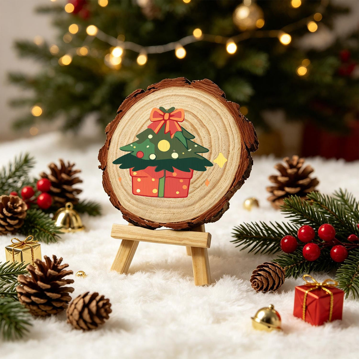 Bow-Topped Tree on a Gift Box paint by numbers wood slice – image 22