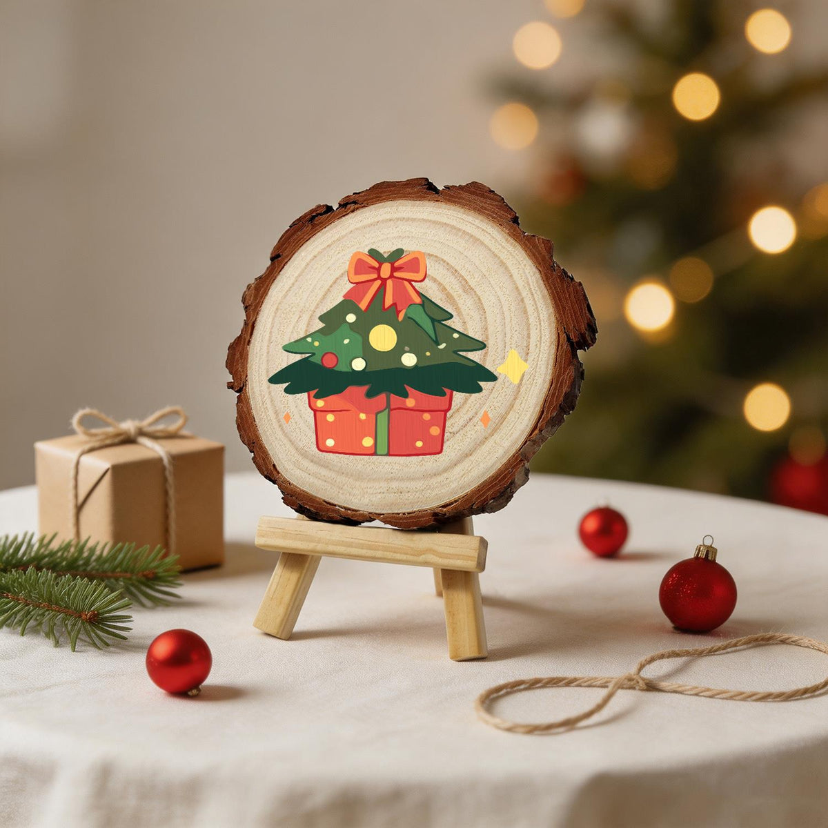 Bow-Topped Tree on a Gift Box paint by numbers wood slice – image 25
