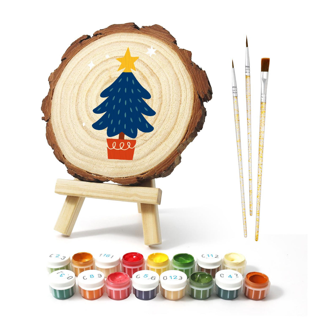 Potted Navy Tree with Gold Star paint by numbers wood slice – image 2