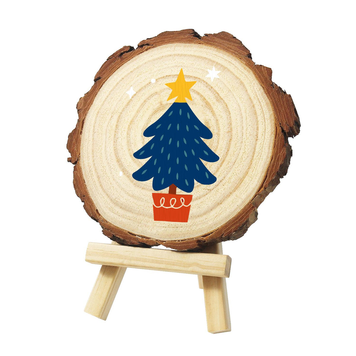 Potted Navy Tree with Gold Star paint by numbers wood slice – Dark blue Christmas tree with light dashes and a yellow star, in a red pot, with white sparkles, painted on a pine slice on a small easel