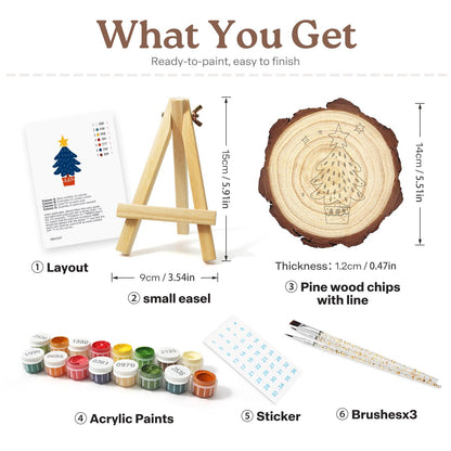 Potted Navy Tree with Gold Star paint by numbers wood slice – what's in the kit: the pine slice, easel, numbered paints, brushes and layout sheet