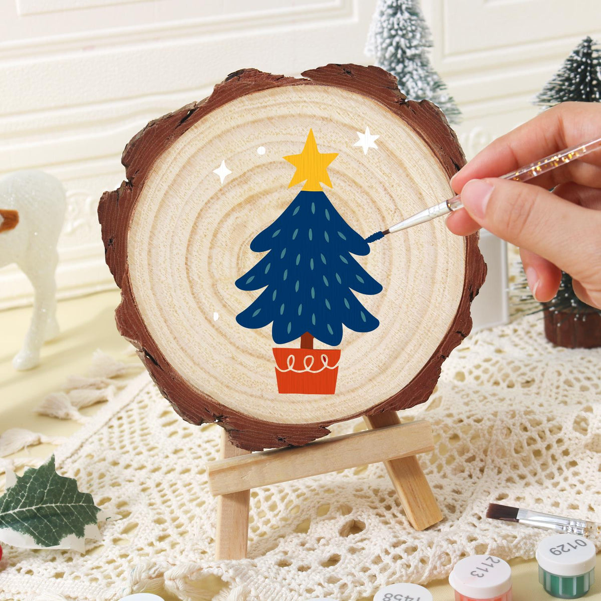 Potted Navy Tree with Gold Star paint by numbers wood slice – image 17