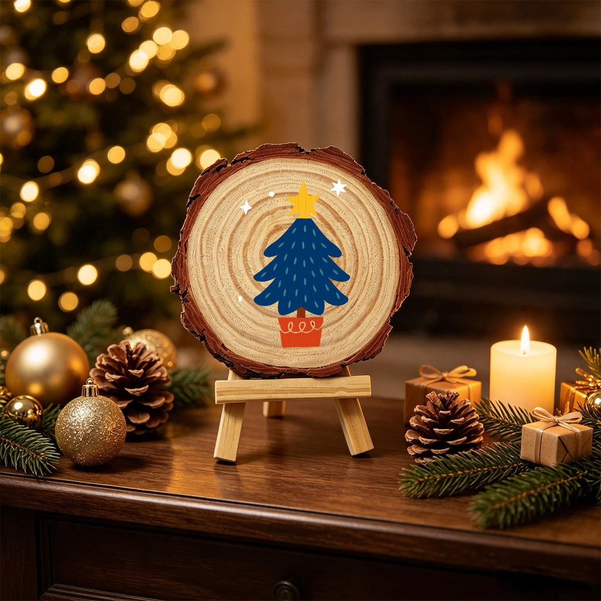 Potted Navy Tree with Gold Star paint by numbers wood slice – image 21