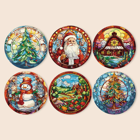 Stained Glass Santa and Snowman paint by numbers placemat set – Stained-glass style Christmas tree, Santa, red barn, snowman, farm valley and a decorated fir