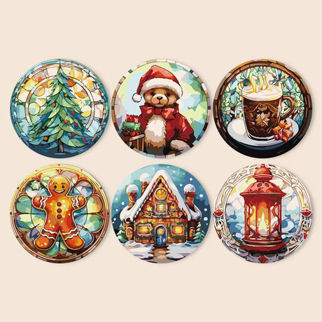 Cocoa and Gingerbread Christmas paint by numbers placemat set – Stained-glass Christmas tree, teddy in Santa hat, cocoa mug, gingerbread man, gingerbread house and red lantern