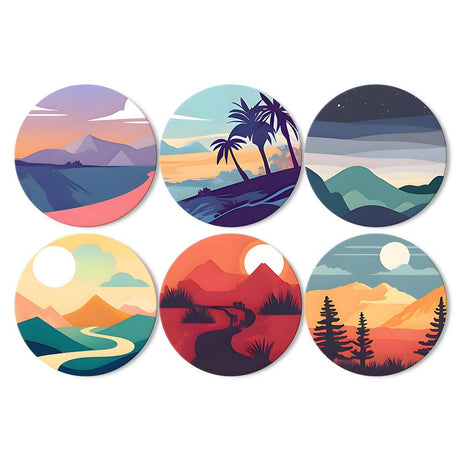 Sunset Hills and Winding River paint by numbers placemat set – Flat pastel landscapes: mountains at dusk, palms on a hill, layered hills, a winding river, red sunset, pines