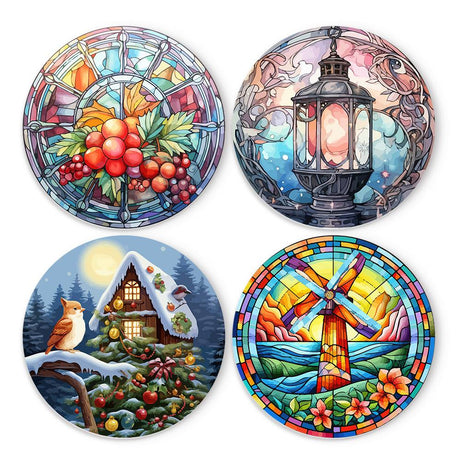 Robin and Lantern Winter Glow paint by numbers placemat set – Stained-glass holly berries, a glowing lantern, a robin by a snowy cottage and tree, and a windmill by the sea