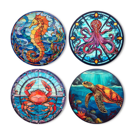 Stained Glass Seahorse and Crab paint by numbers placemat set – Stained-glass sea creatures: an orange seahorse, a purple octopus, a red crab and a sea turtle underwater