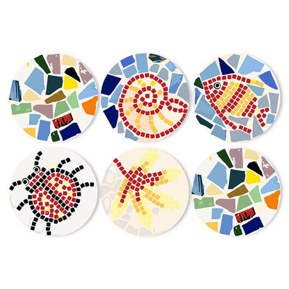 Mosaic Fish and Spiral Shell paint by numbers placemat set – Broken-tile mosaics on cream: colourful shards, a red spiral shell, a fish, a ladybug and a yellow star shape