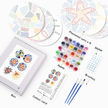 Mosaic Fish and Spiral Shell paint by numbers placemat set – what's in the kit: 6 round canvas boards, numbered paints, brushes, color card and box