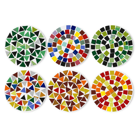 Rainbow Tile Mosaic Spirals paint by numbers placemat set – Abstract mosaics of small triangles and squares in greens, rainbow brights, browns and red-yellow spirals