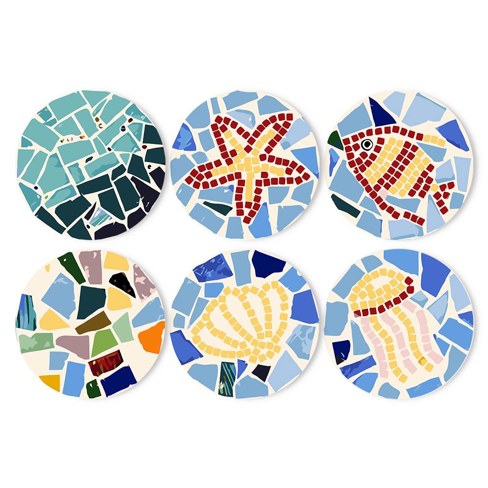 Starfish and Jellyfish Mosaic paint by numbers placemat set – Blue and aqua broken-tile mosaics with a red starfish, a fish, a scallop shell and a jellyfish