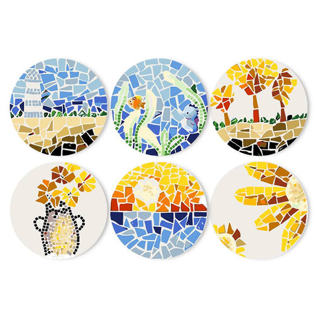 Seaside Sunset Tile Mosaic paint by numbers placemat set – Tile mosaics: a blue seaside tower, fish underwater, golden trees, a flower vase, a sea sunset and sunflower petals
