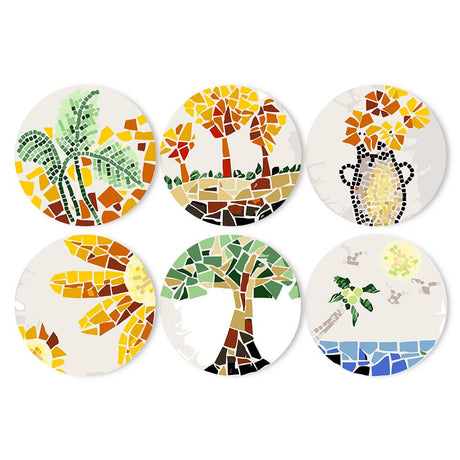 Green Palm and Leafy Tree Mosaic paint by numbers placemat set – Tile mosaics: green palms, golden trees, an orange flower vase, sunflower petals, a leafy tree and a seaside scene