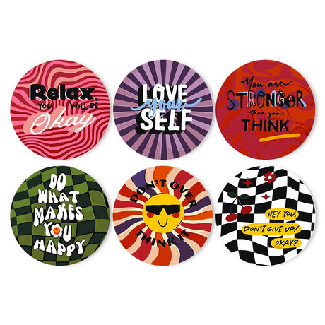 Groovy Pep Talk Affirmations paint by numbers placemat set – Retro lettered affirmations on wavy stripes, sunbursts and checkerboards, with a smiling sun in sunglasses