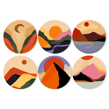 Boho Terracotta Hills and Sun paint by numbers placemat set – Abstract boho landscapes of layered hills and peaks in terracotta, orange and pink under suns and a crescent moon