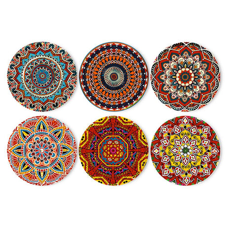 Ruby and Teal Ornate Mandalas paint by numbers placemat set – Intricate round mandalas in red, orange, teal, navy and gold, like patterned folk textiles