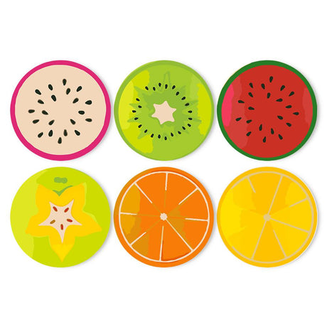 Bold Tropical Fruit Rounds paint by numbers placemat set – Flat graphic fruit slices: dragon fruit, kiwi, watermelon, starfruit, orange and lemon