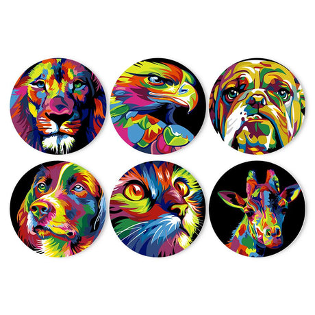 Rainbow Pop-Art Animal Faces paint by numbers placemat set – Rainbow pop-art portraits on black: a lion, an eagle, a bulldog, a spaniel, a cat and a giraffe