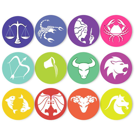 Hot Pink and Lime Zodiac paint by numbers placemat set – Twelve zodiac signs in white line silhouettes on bright violet, hot pink, lime, yellow, red and coral circles