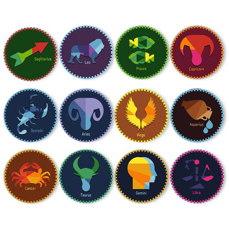 Geometric Zodiac Night Badges paint by numbers placemat set – Twelve labelled zodiac badges with geometric low-poly icons on dark navy, edged with colourful dotted borders