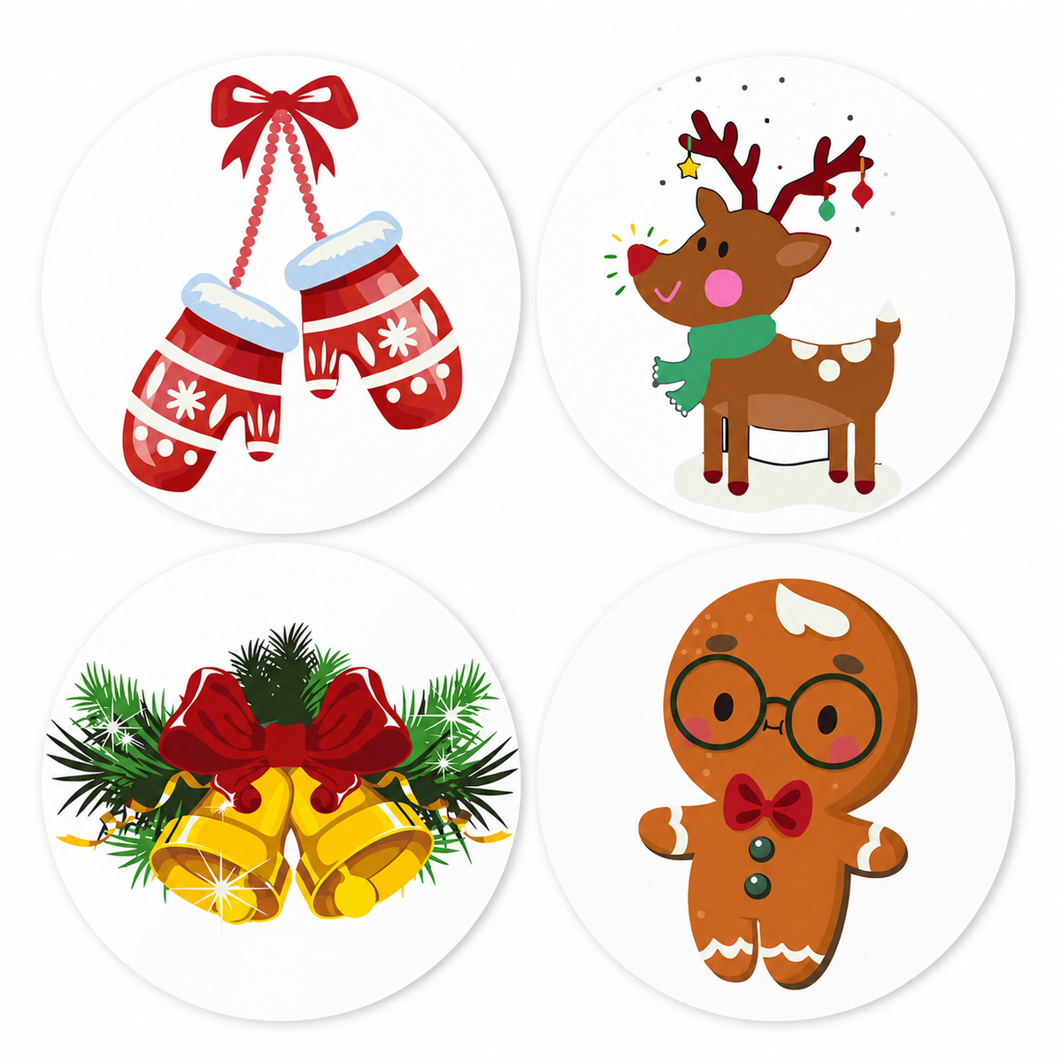 Cozy Mittens and Reindeer paint by numbers placemat set – Cartoon Christmas: red knitted mittens, a reindeer in a green scarf, golden bells, a gingerbread man in glasses